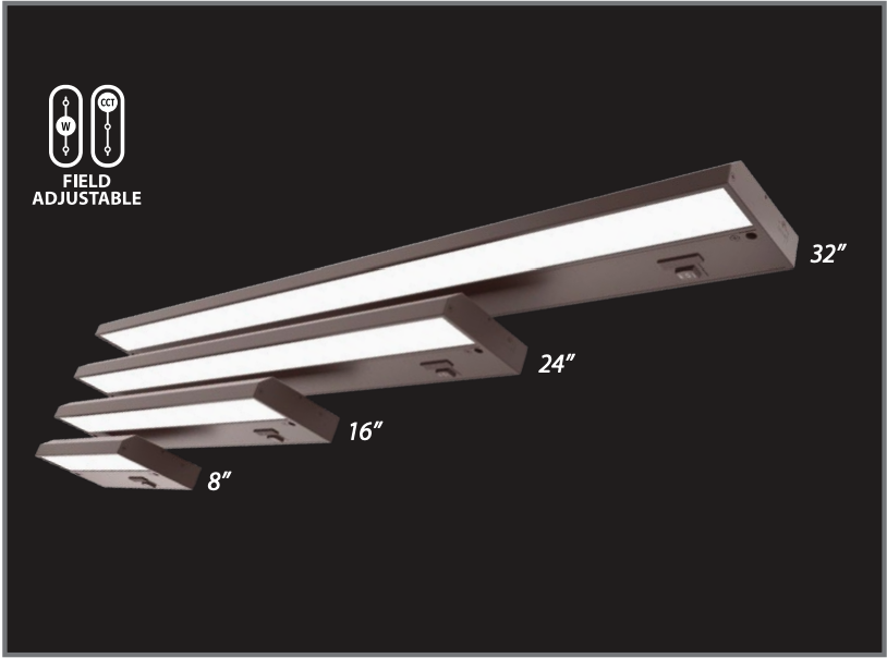 RAB KNOOK field adjustable LED under cabinet fixtures in four sizes 8 inch 16 inch 24 inch and 32 inch with CCT tunable and adjustable light output